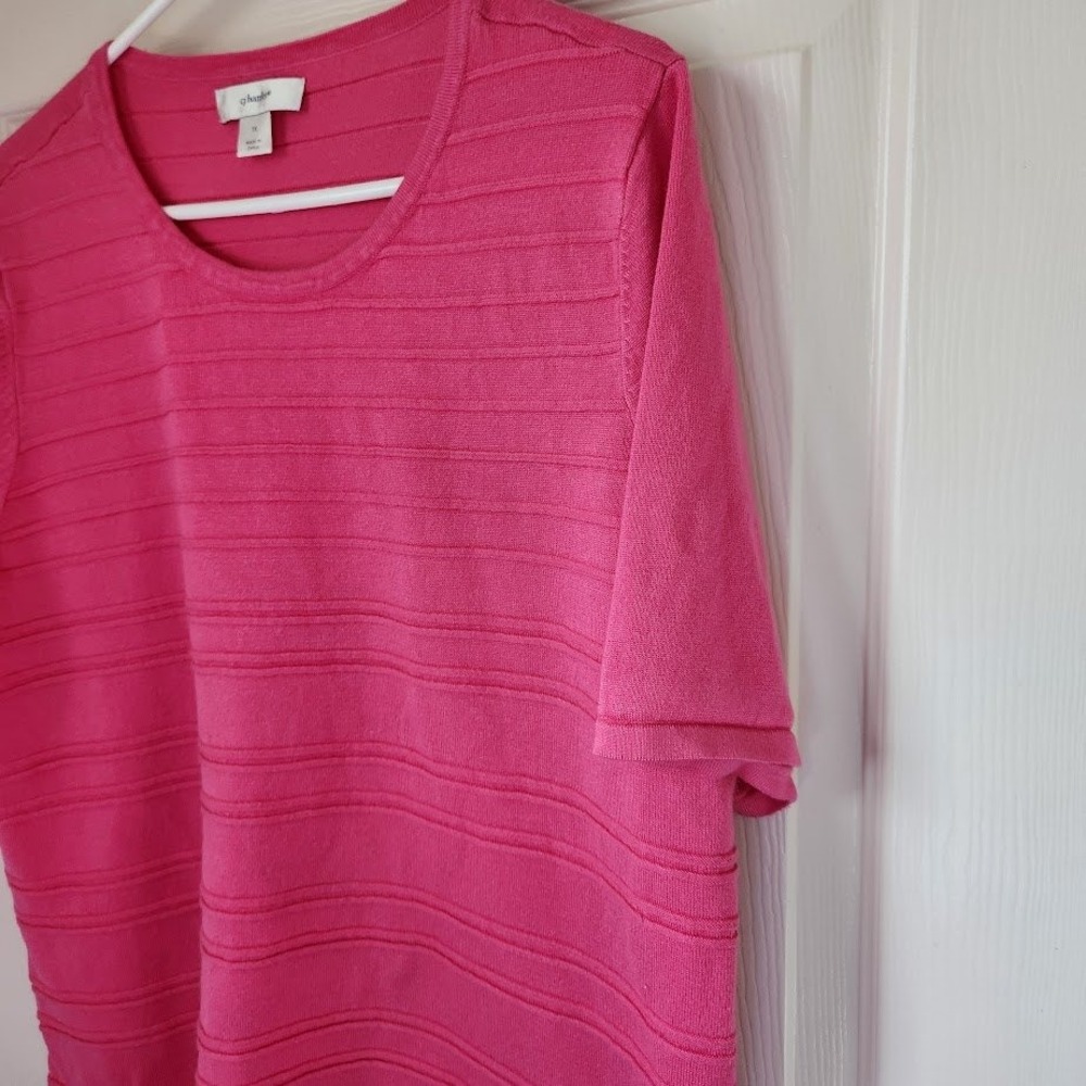 CJ Banks Womens Plus 1X Fuchsia Pink Textured Stripe Short Sleeve Knit 206 - Picture 2 of 5